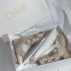 NIB auth CHLOÉ size 39 beige SUEDE lace up WEDGE HEEL gladiator SANDALS